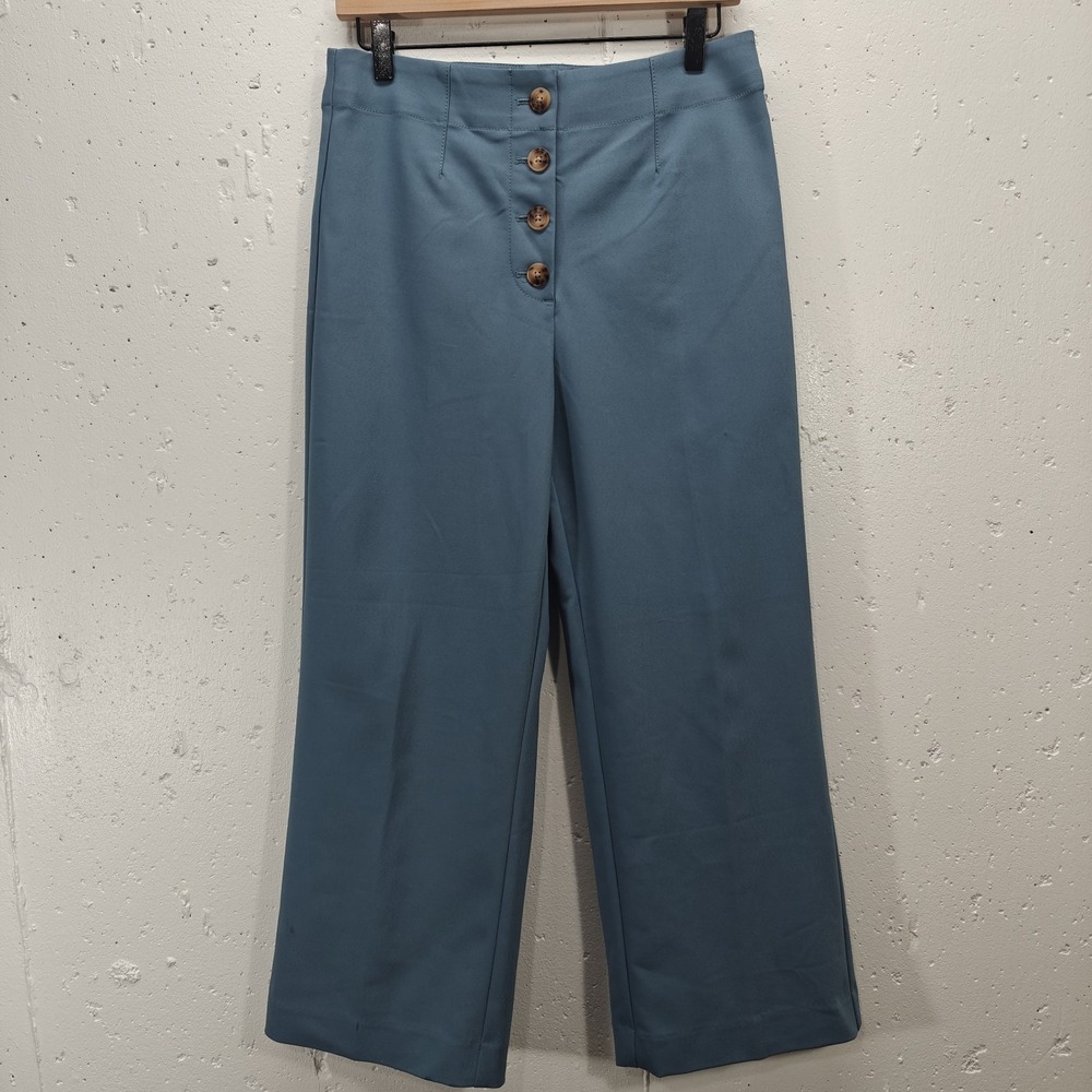 Loft‎ Women's High Waist Wide Leg Crop Pants Dusty Blue Button Front Size 6 NWT